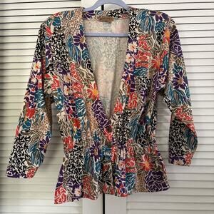 Womens Shirt M Floral Open Front Top Colorful Artsy Geometric 3/4 Sleeve